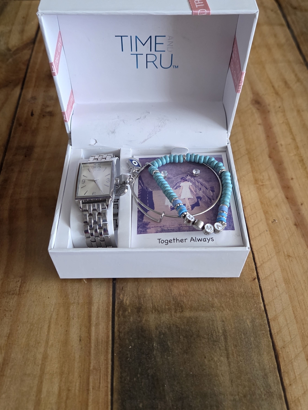 Time and Tru Silver Watch with Turquoise Beaded Bracelet Set